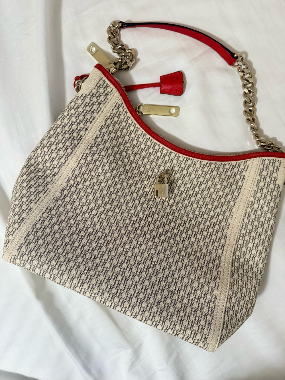 Carolina Herrera Beige Canvas Shoulder Bag with Red Trim and Gold Hardware
